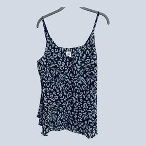 Cabi Womens Purr Leopard Peplum Cami Tank Top Navy Gray Button Mobwife Resort M